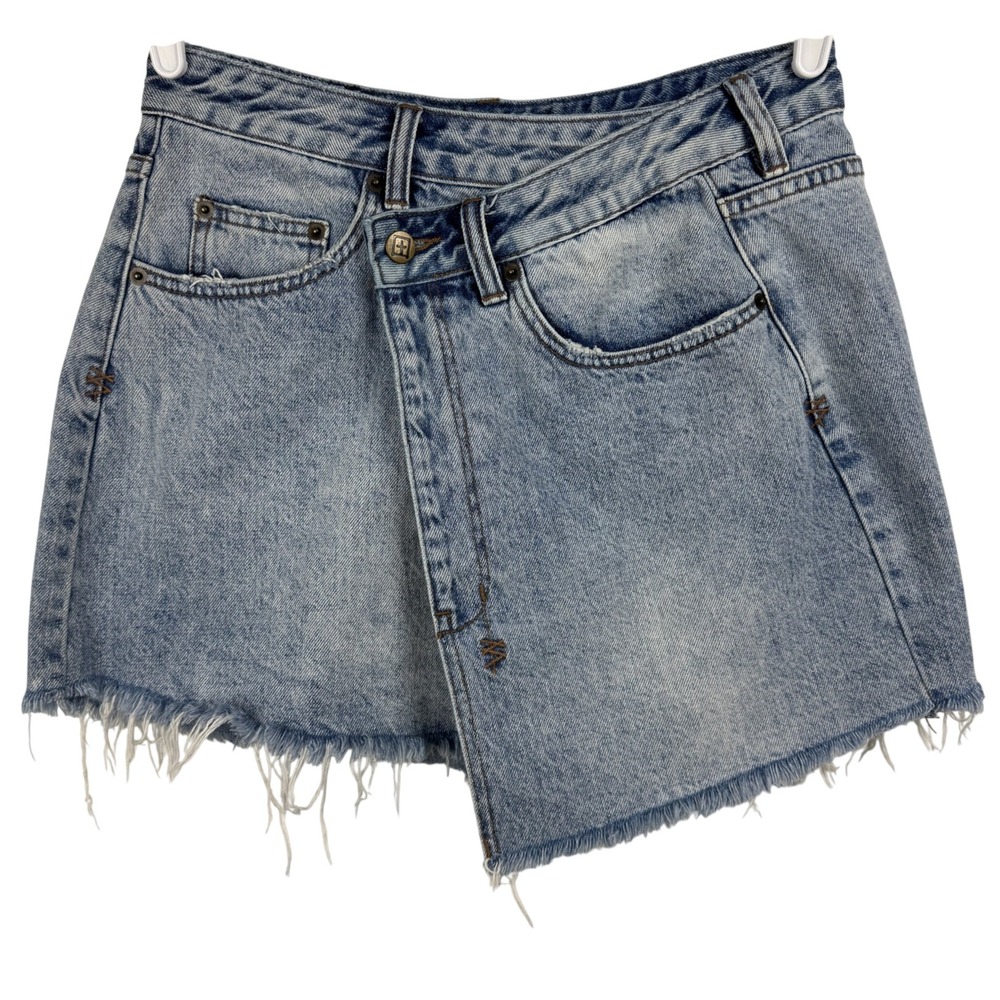 Ksubi Women's Wrap Mini Denim Skirt Acid Wash Distressed Frayed Hem‎ Size 29